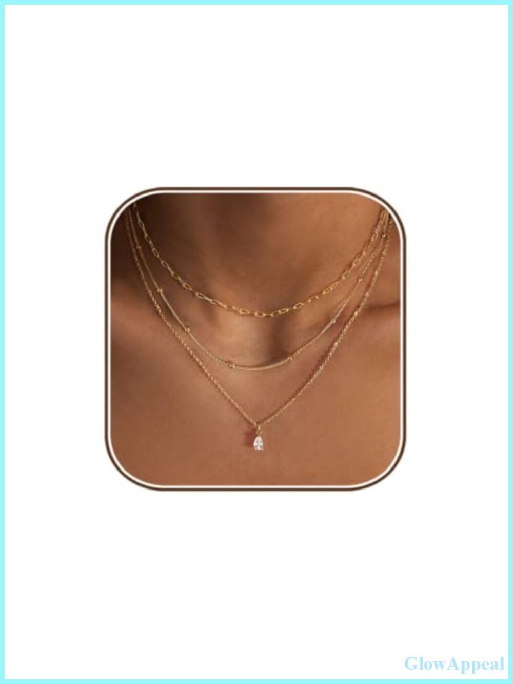 14k Gold Plated Layered Necklace Set CZ Pendant Paperclip Chain Women